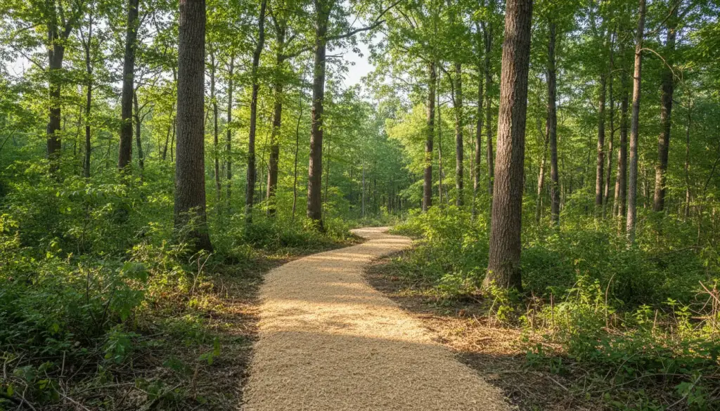 A freshly cut trail bedded with wood chips winding between standing hardwoods